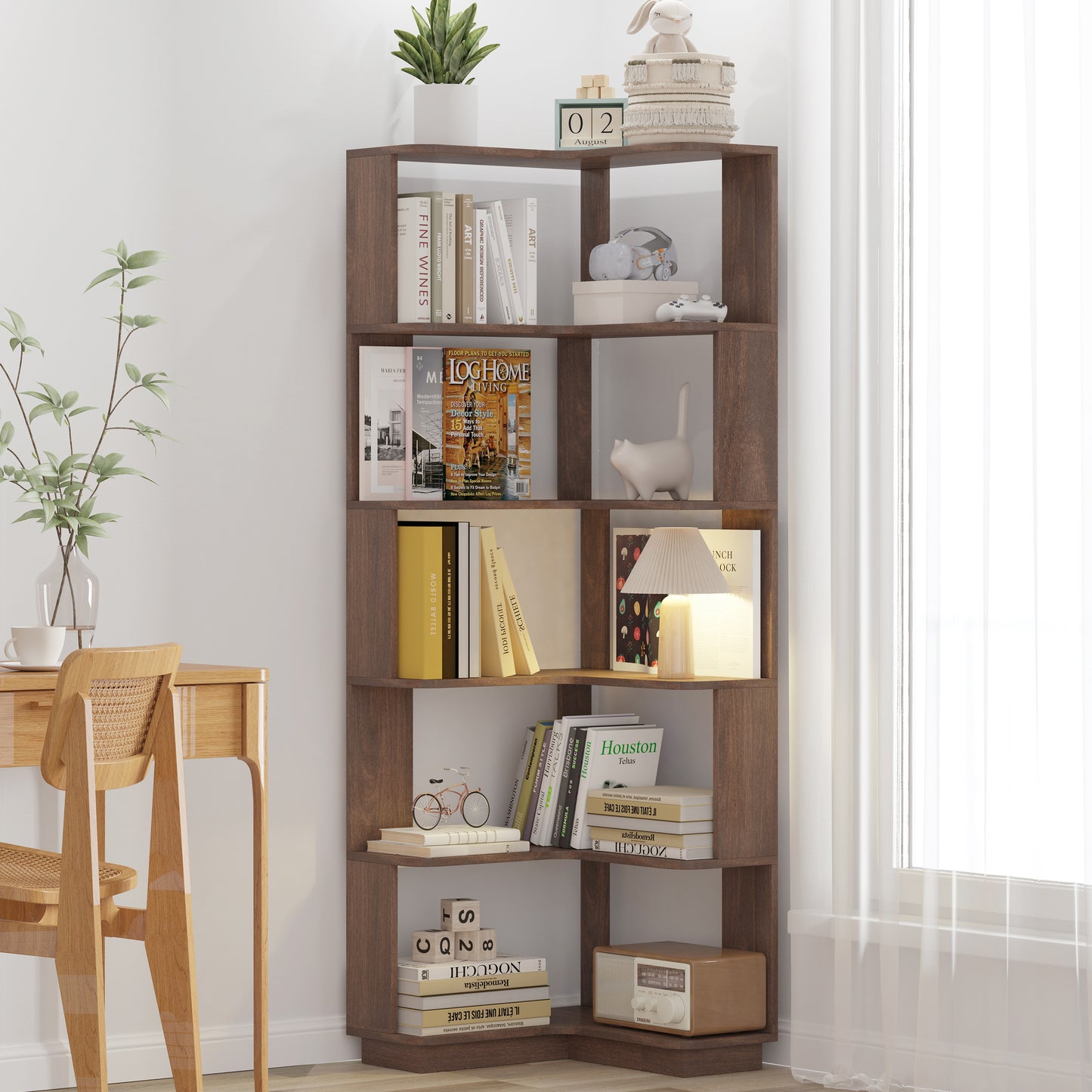 6-Tier L-Shaped Corner Bookshelf | Freestanding Wood Display Shelf with Anti-Drop Panels & Anti-Tip Device — 5 Colors Brown