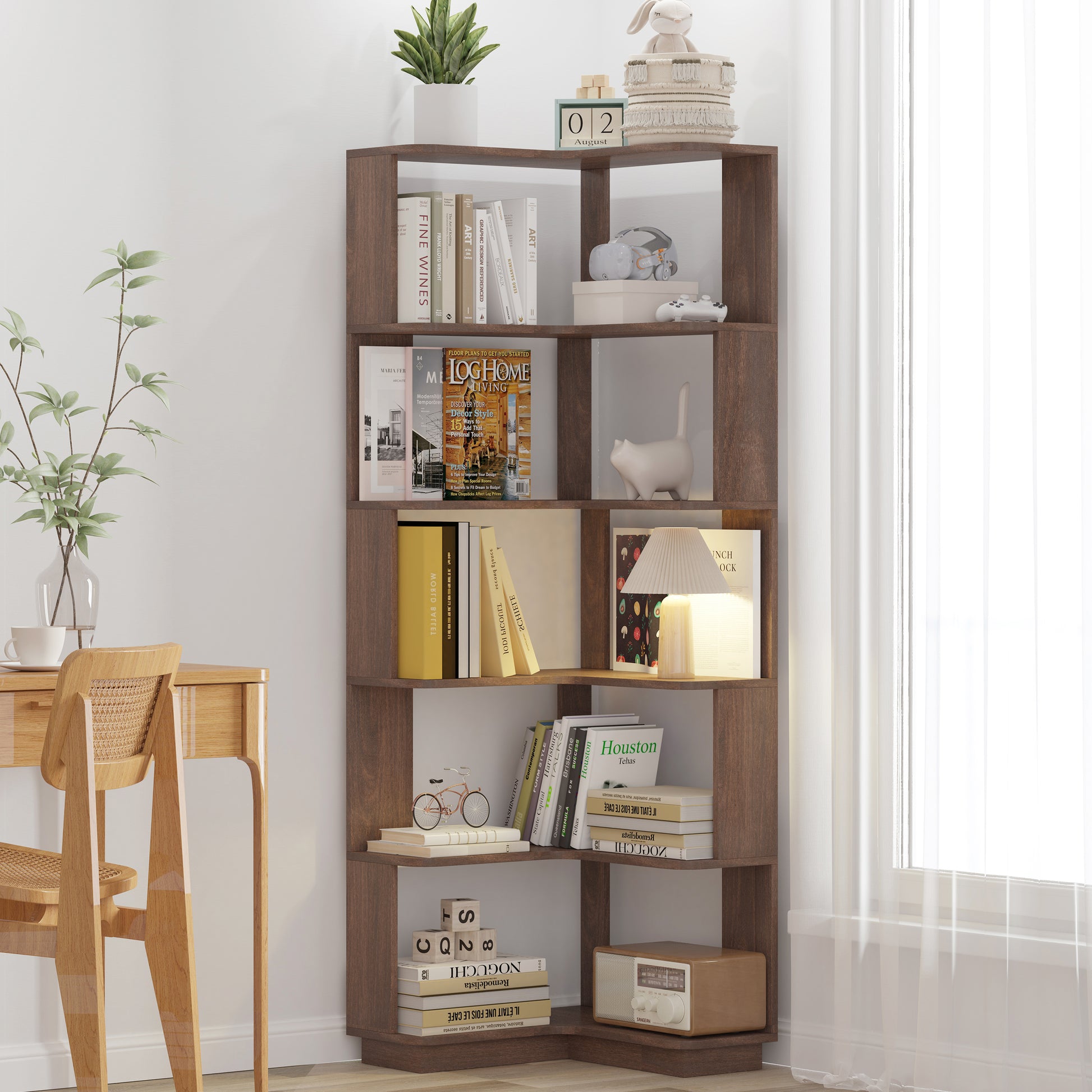 6-Tier L-Shaped Corner Bookshelf | Freestanding Wood Display Shelf with Anti-Drop Panels & Anti-Tip Device — 5 Colors Brown