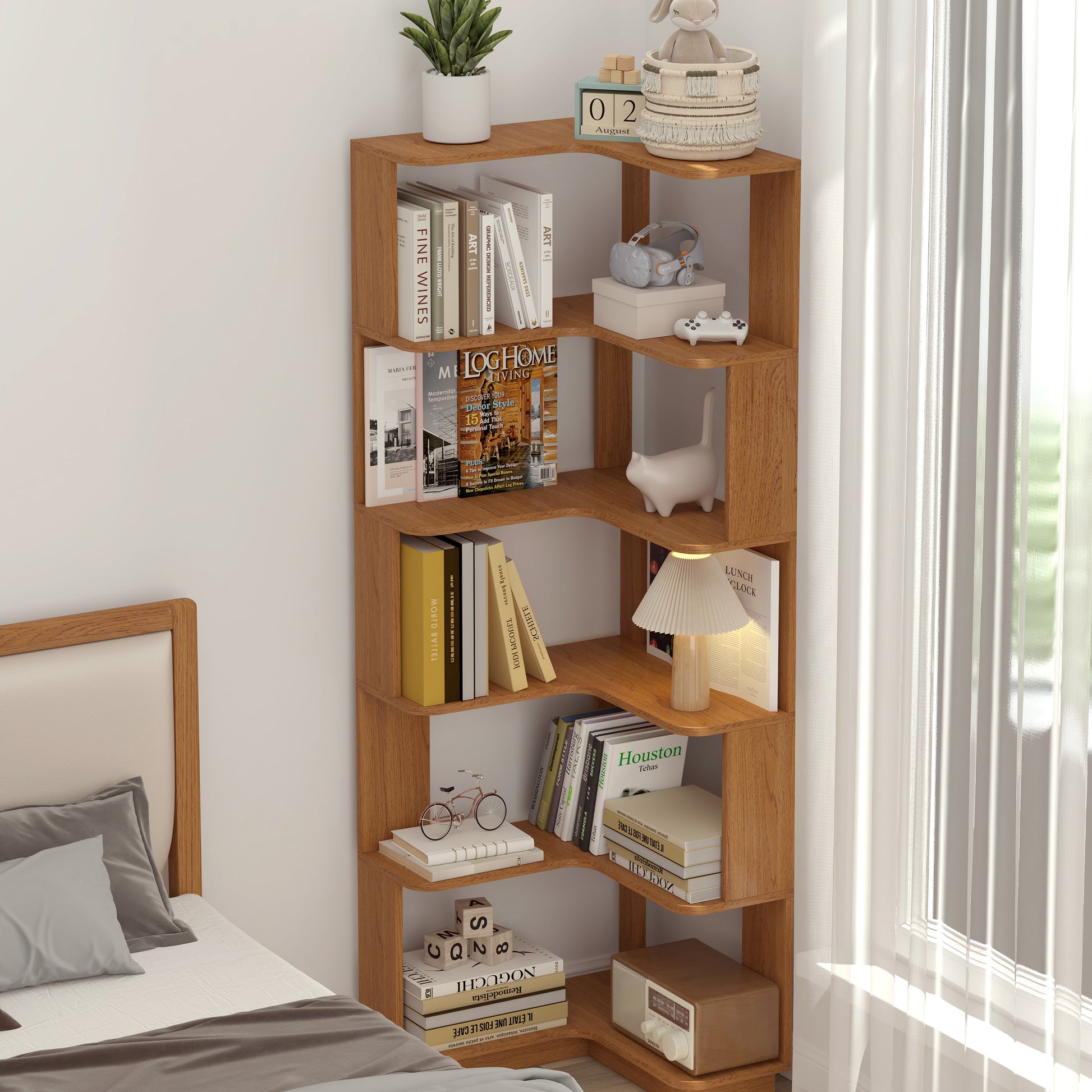 6-Tier L-Shaped Corner Bookshelf | Freestanding Wood Display Shelf with Anti-Drop Panels & Anti-Tip Device — 5 Colors Oak