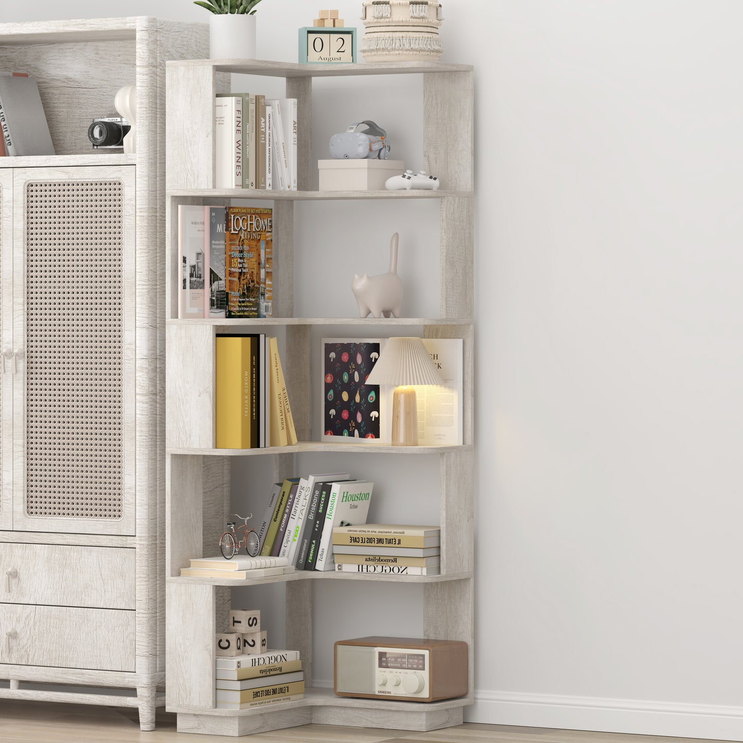 6-Tier L-Shaped Corner Bookshelf | Freestanding Wood Display Shelf with Anti-Drop Panels & Anti-Tip Device — 5 Colors Gray