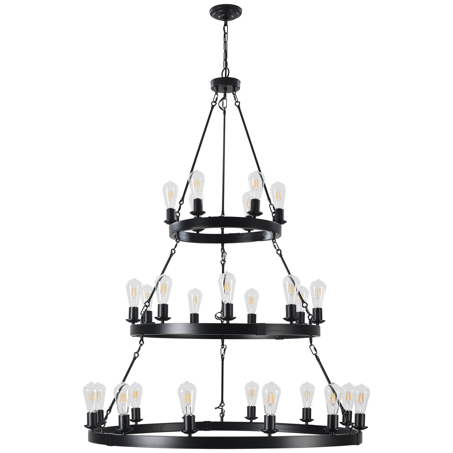 45" Retro Industrial Chandelier | 27-Light 3-Layer Black Farmhouse Pendant for High Ceiling Hall, Dining Room & Living Room — E26