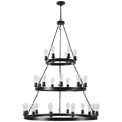 45" Retro Industrial Chandelier | 27-Light 3-Layer Black Farmhouse Pendant for High Ceiling Hall, Dining Room & Living Room — E26