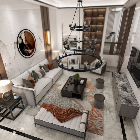 45" Retro Industrial Chandelier | 27-Light 3-Layer Black Farmhouse Pendant for High Ceiling Hall, Dining Room & Living Room — E26