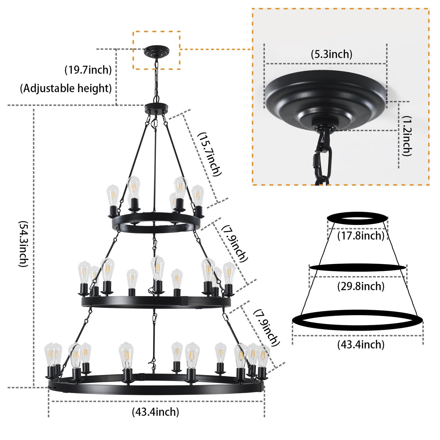 45" Retro Industrial Chandelier | 27-Light 3-Layer Black Farmhouse Pendant for High Ceiling Hall, Dining Room & Living Room — E26