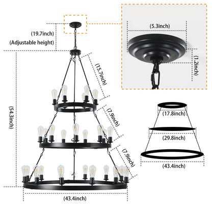 45" Retro Industrial Chandelier | 27-Light 3-Layer Black Farmhouse Pendant for High Ceiling Hall, Dining Room & Living Room — E26