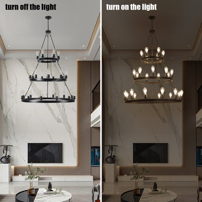 45" Retro Industrial Chandelier | 27-Light 3-Layer Black Farmhouse Pendant for High Ceiling Hall, Dining Room & Living Room — E26
