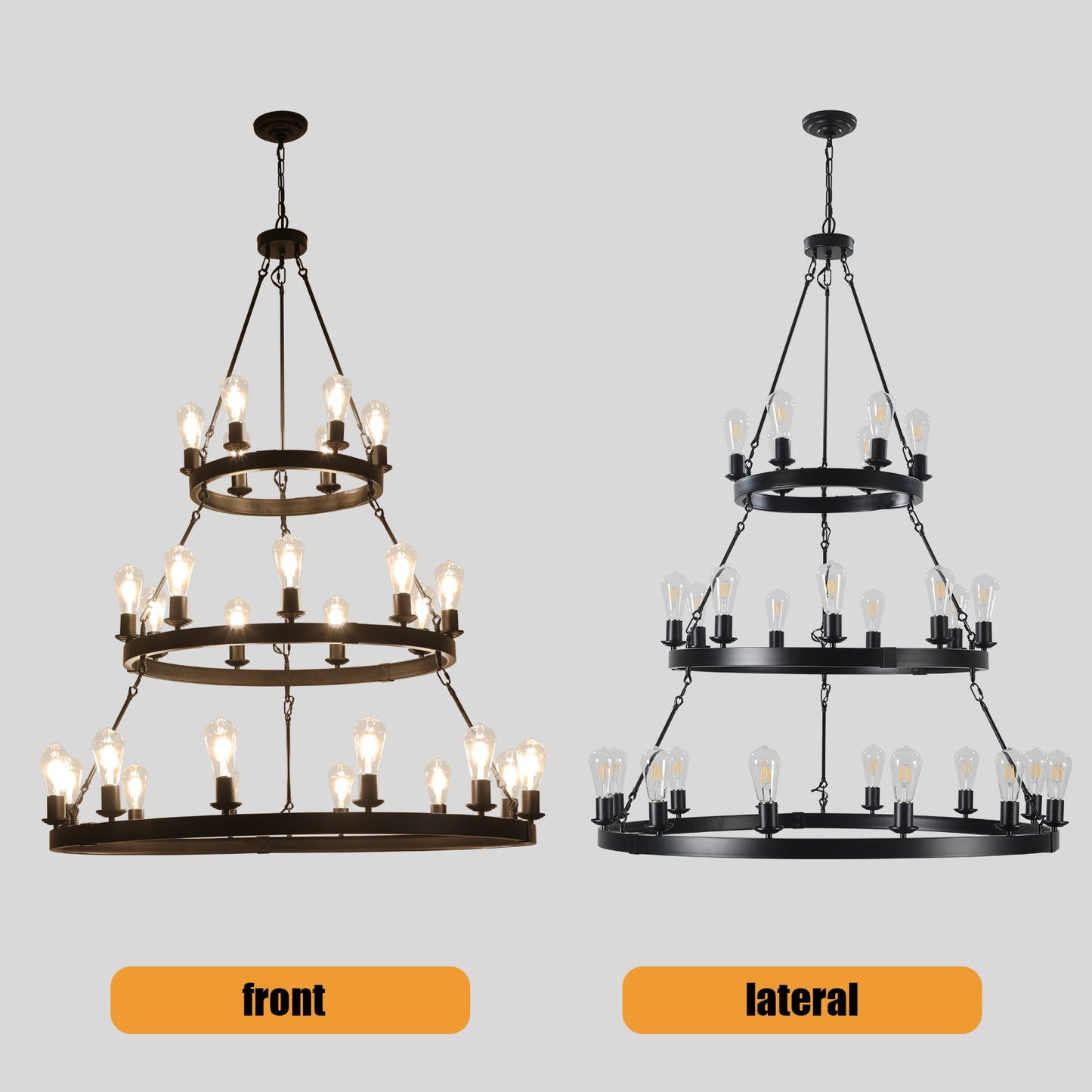 45" Retro Industrial Chandelier | 27-Light 3-Layer Black Farmhouse Pendant for High Ceiling Hall, Dining Room & Living Room — E26