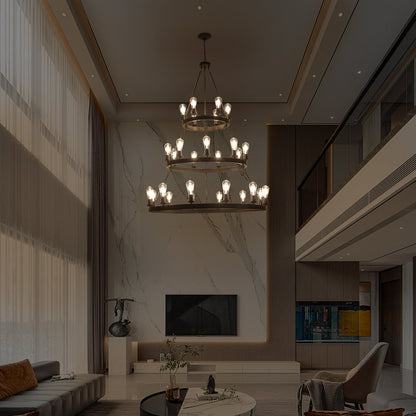45" Retro Industrial Chandelier | 27-Light 3-Layer Black Farmhouse Pendant for High Ceiling Hall, Dining Room & Living Room — E26