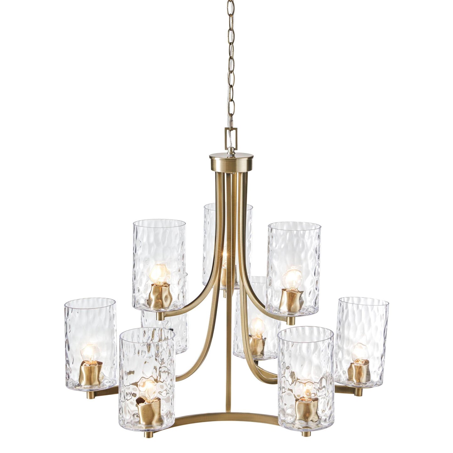 9-Light Tiered Round Chandelier | Antique Brass Finish with Textured Glass Cylindrical Shades — Adjustable Height, Dining Room & Foyer