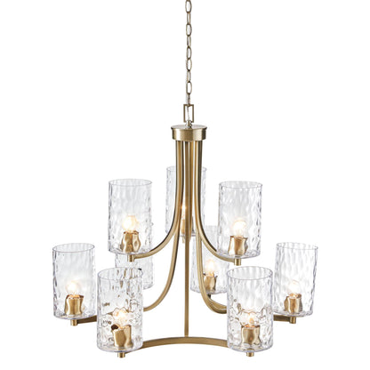 9-Light Tiered Round Chandelier | Antique Brass Finish with Textured Glass Cylindrical Shades — Adjustable Height, Dining Room & Foyer