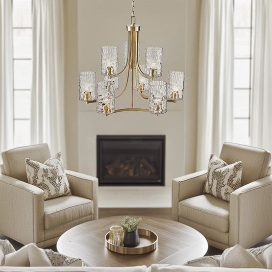 9-Light Tiered Round Chandelier | Antique Brass Finish with Textured Glass Cylindrical Shades — Adjustable Height, Dining Room & Foyer