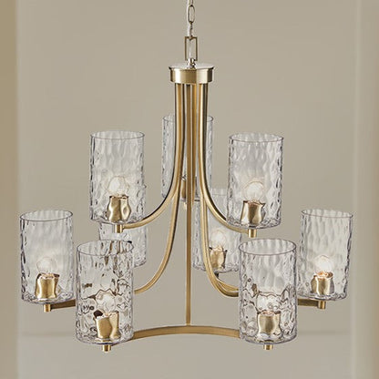 9-Light Tiered Round Chandelier | Antique Brass Finish with Textured Glass Cylindrical Shades — Adjustable Height, Dining Room & Foyer