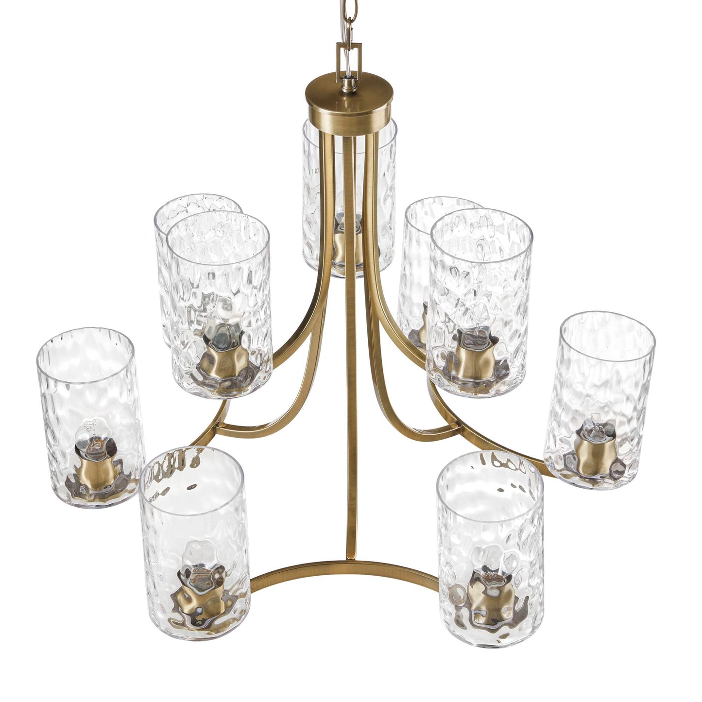 9-Light Tiered Round Chandelier | Antique Brass Finish with Textured Glass Cylindrical Shades — Adjustable Height, Dining Room & Foyer