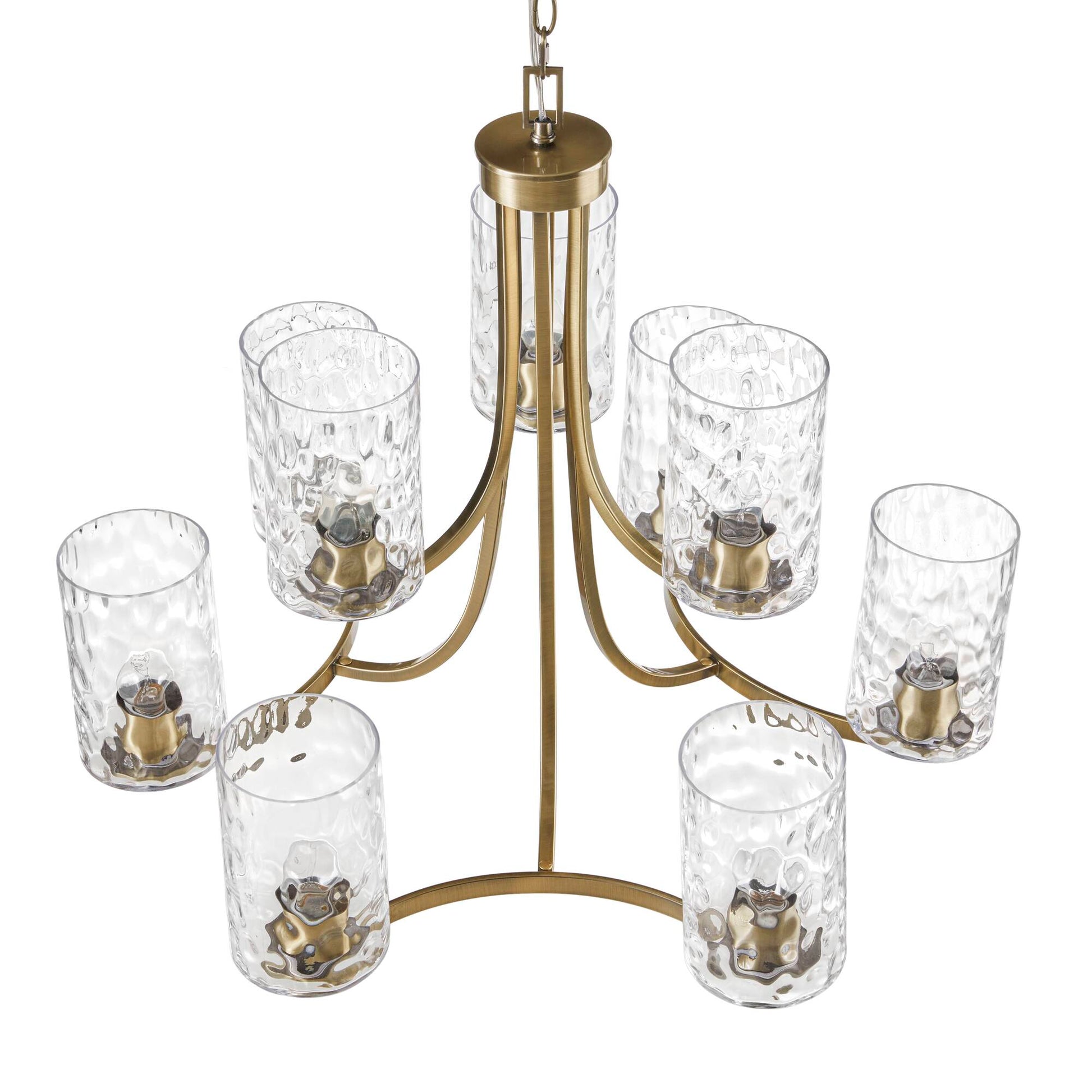 9-Light Tiered Round Chandelier | Antique Brass Finish with Textured Glass Cylindrical Shades — Adjustable Height, Dining Room & Foyer