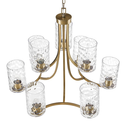 9-Light Tiered Round Chandelier | Antique Brass Finish with Textured Glass Cylindrical Shades — Adjustable Height, Dining Room & Foyer