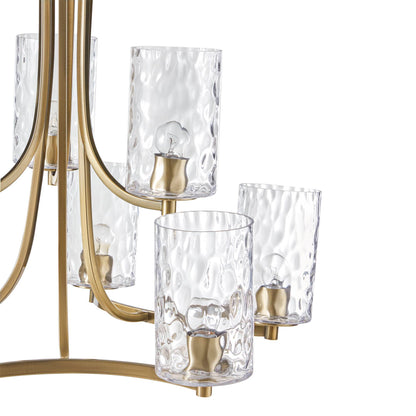 9-Light Tiered Round Chandelier | Antique Brass Finish with Textured Glass Cylindrical Shades — Adjustable Height, Dining Room & Foyer