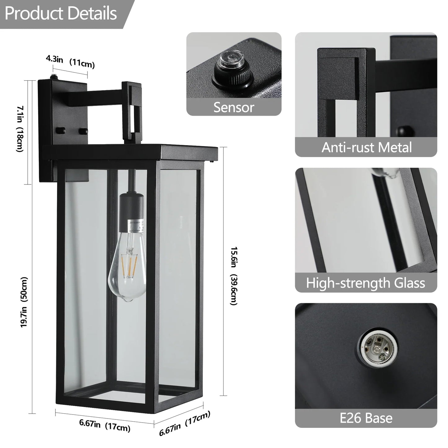 Outdoor Wall Lanterns (2-Pack) – Black Aluminum Frame, Clear Glass & Auto Dusk-to-Dawn Sensor | Weatherproof Wall Sconces