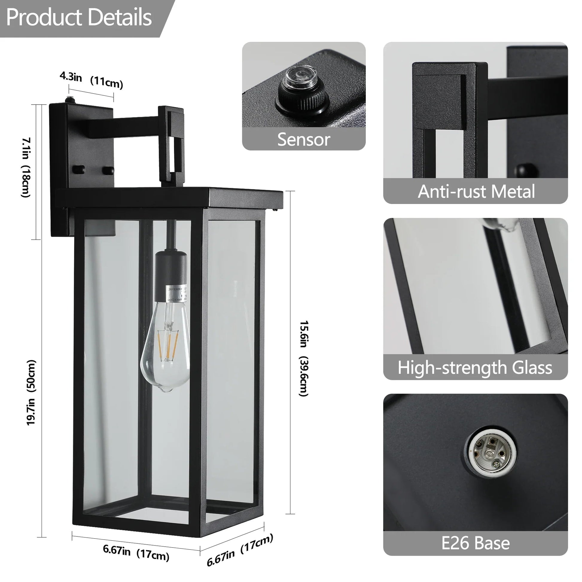 Outdoor Wall Lanterns (2-Pack) – Black Aluminum Frame, Clear Glass & Auto Dusk-to-Dawn Sensor | Weatherproof Wall Sconces