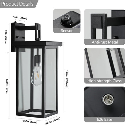Outdoor Wall Lanterns (2-Pack) – Black Aluminum Frame, Clear Glass & Auto Dusk-to-Dawn Sensor | Weatherproof Wall Sconces
