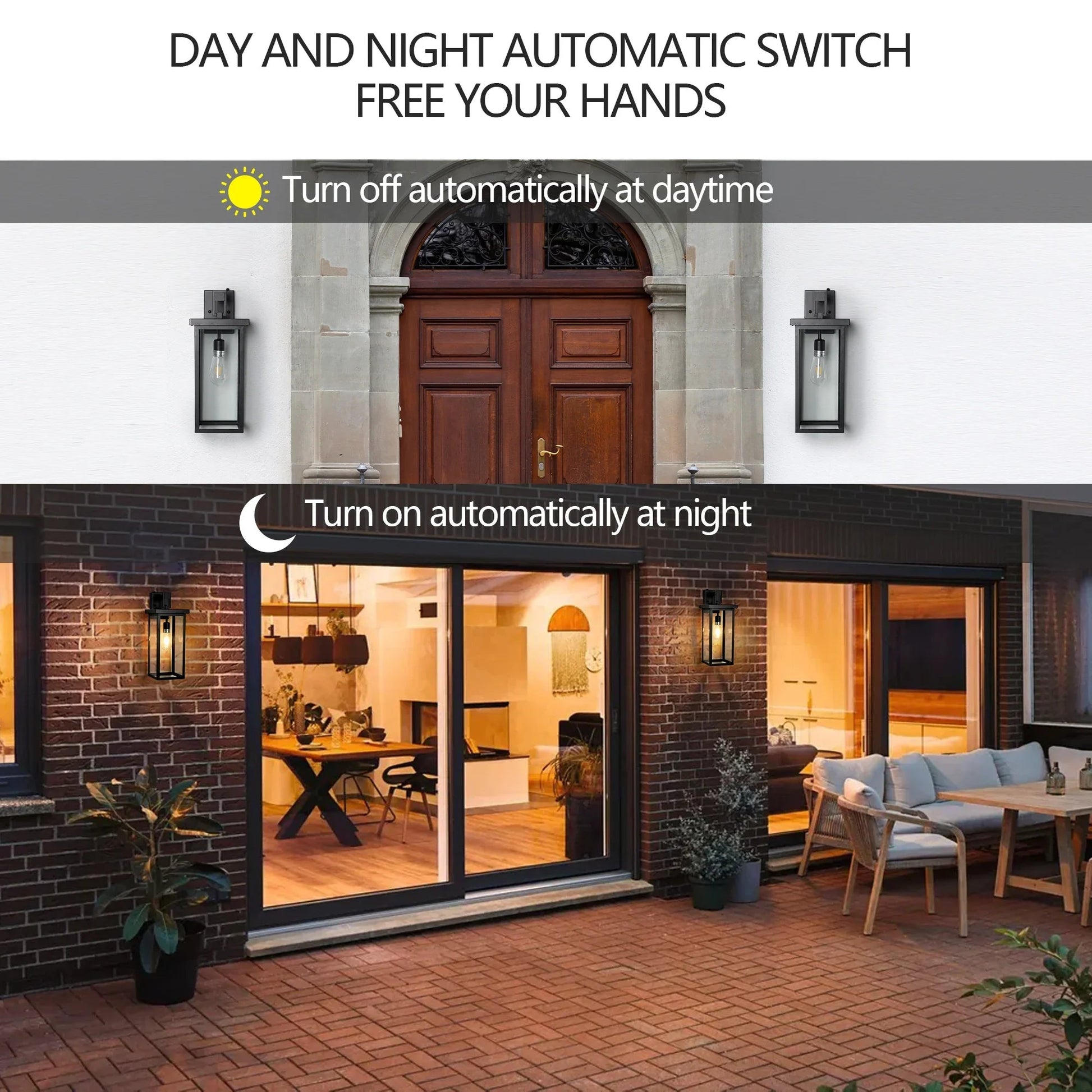 Outdoor Wall Lanterns (2-Pack) – Black Aluminum Frame, Clear Glass & Auto Dusk-to-Dawn Sensor | Weatherproof Wall Sconces
