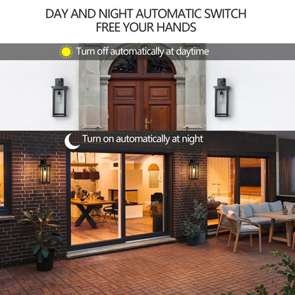 Outdoor Wall Lanterns (2-Pack) – Black Aluminum Frame, Clear Glass & Auto Dusk-to-Dawn Sensor | Weatherproof Wall Sconces