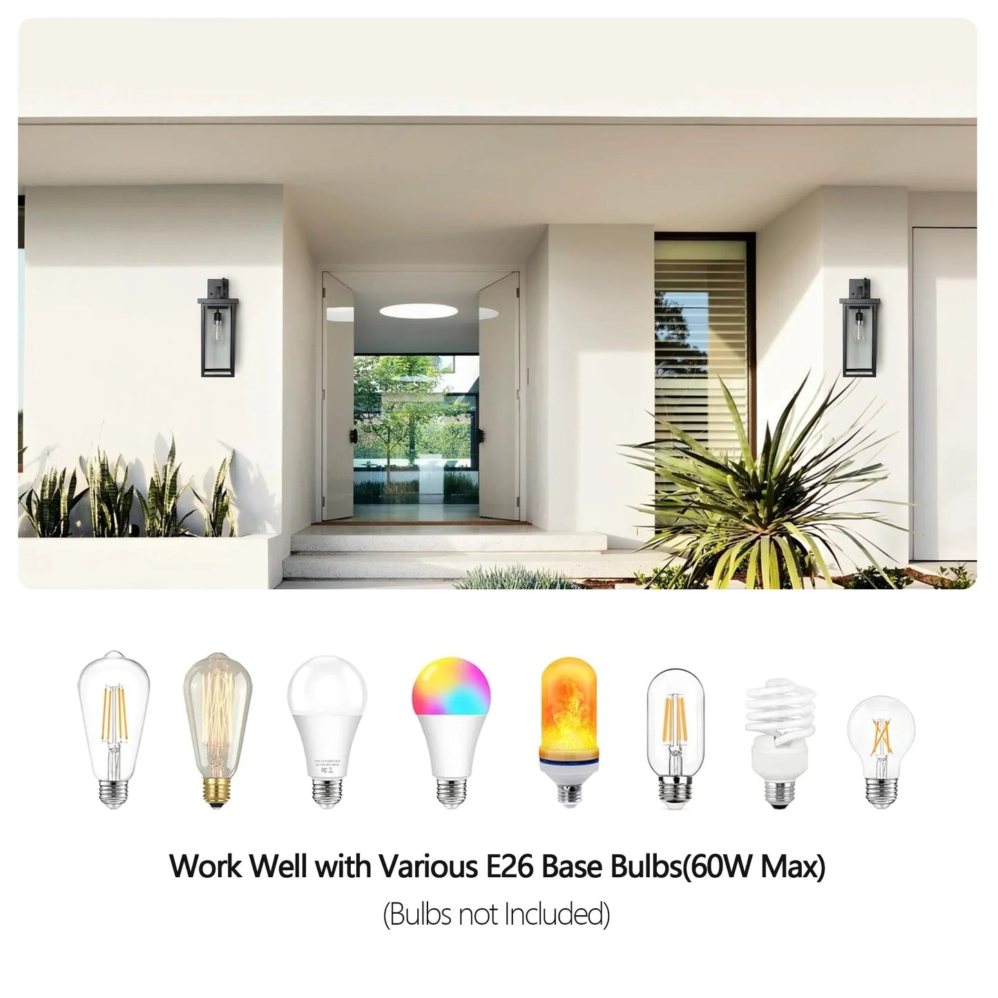 Outdoor Wall Lanterns (2-Pack) – Black Aluminum Frame, Clear Glass & Auto Dusk-to-Dawn Sensor | Weatherproof Wall Sconces