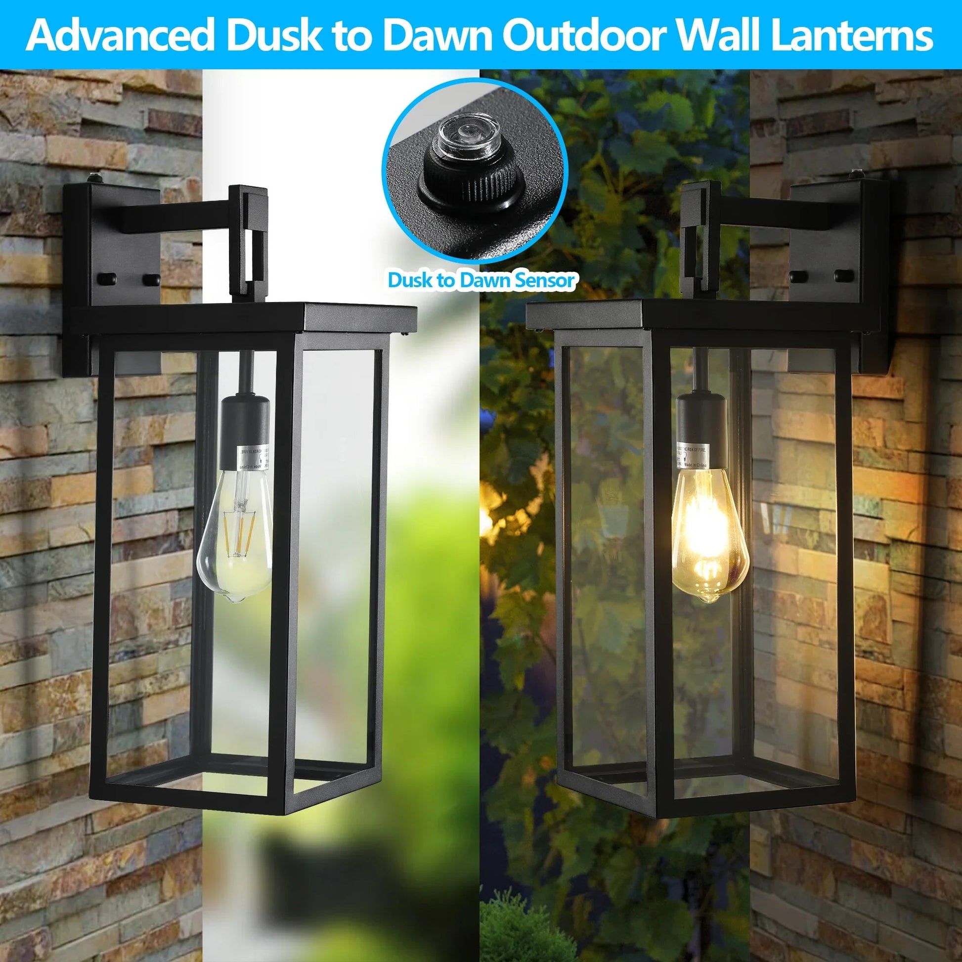 Outdoor Wall Lanterns (2-Pack) – Black Aluminum Frame, Clear Glass & Auto Dusk-to-Dawn Sensor | Weatherproof Wall Sconces