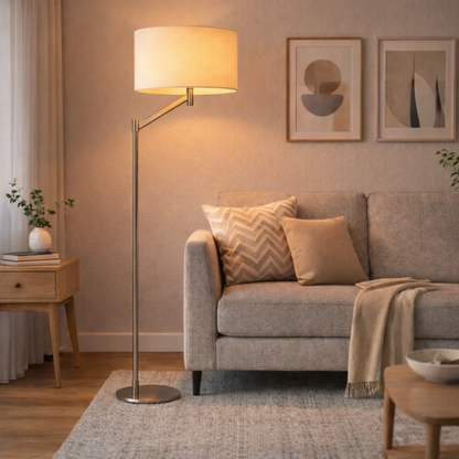 Floor Lamp – Brushed Nickel Finish, White Linen Shade & Rotary Switch | Modern Living Room & Bedroom