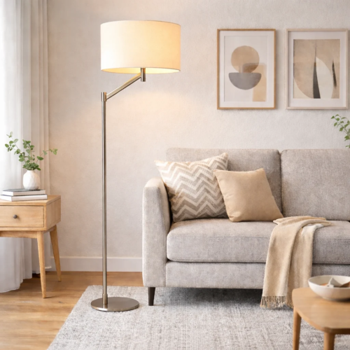 Floor Lamp – Brushed Nickel Finish, White Linen Shade & Rotary Switch | Modern Living Room & Bedroom