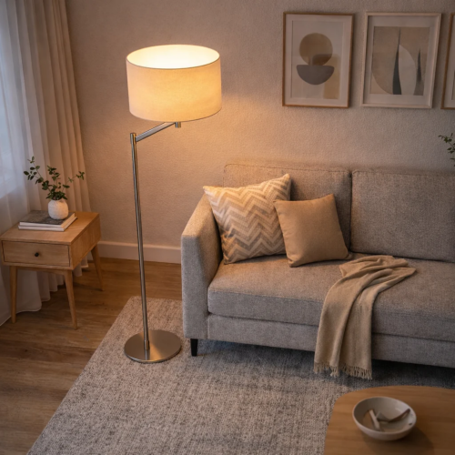 Floor Lamp – Brushed Nickel Finish, White Linen Shade & Rotary Switch | Modern Living Room & Bedroom