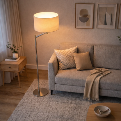 Floor Lamp – Brushed Nickel Finish, White Linen Shade & Rotary Switch | Modern Living Room & Bedroom