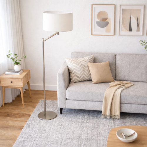 Floor Lamp – Brushed Nickel Finish, White Linen Shade & Rotary Switch | Modern Living Room & Bedroom