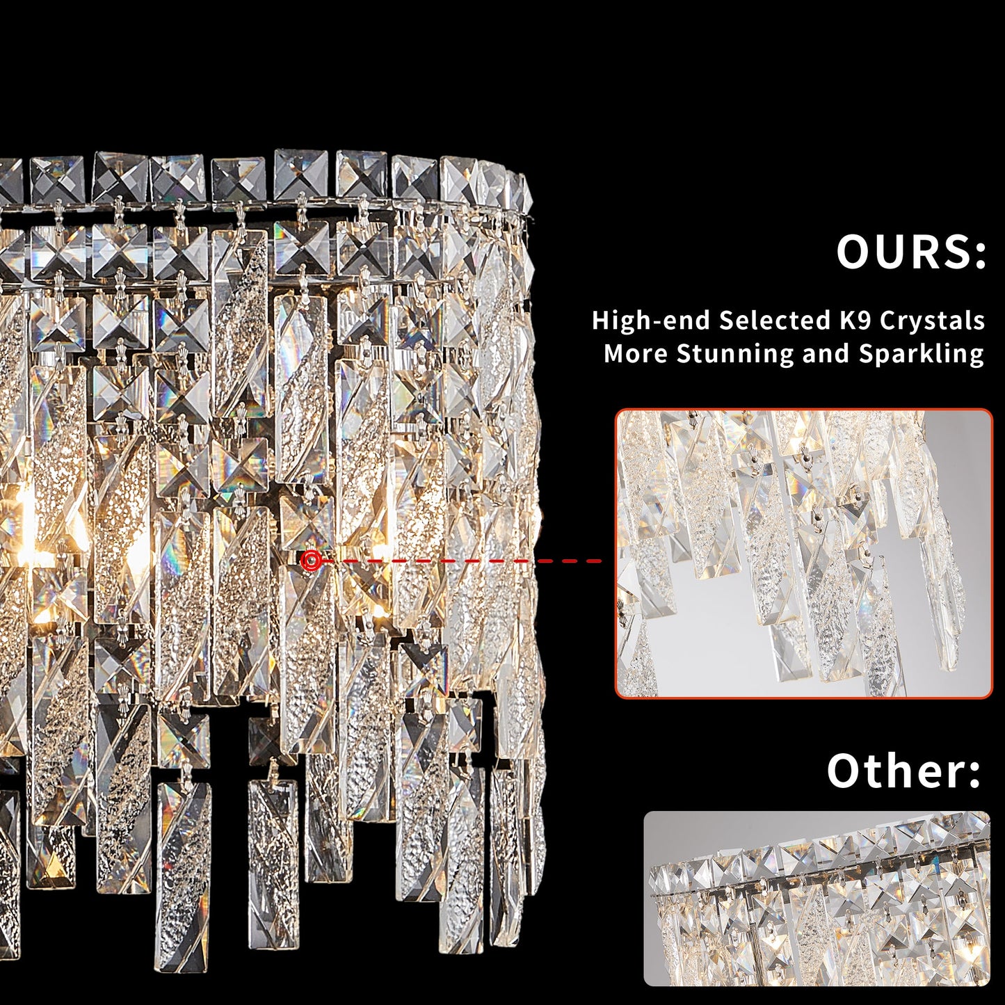 34.6" Oval K9 Crystal Chandelier | 6-Light Silver Modern Ceiling Light with Cascading Teardrop Crystals — Dining Room, Living Room & Bedroom