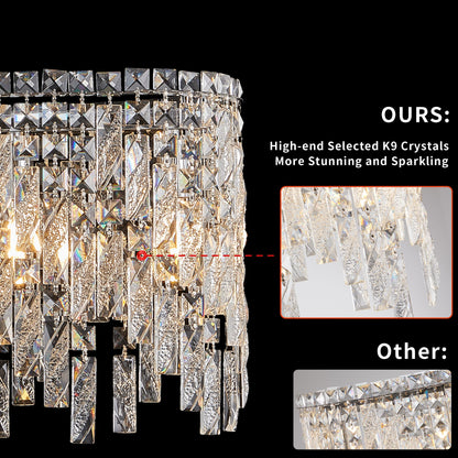 34.6" Oval K9 Crystal Chandelier | 6-Light Silver Modern Ceiling Light with Cascading Teardrop Crystals — Dining Room, Living Room & Bedroom