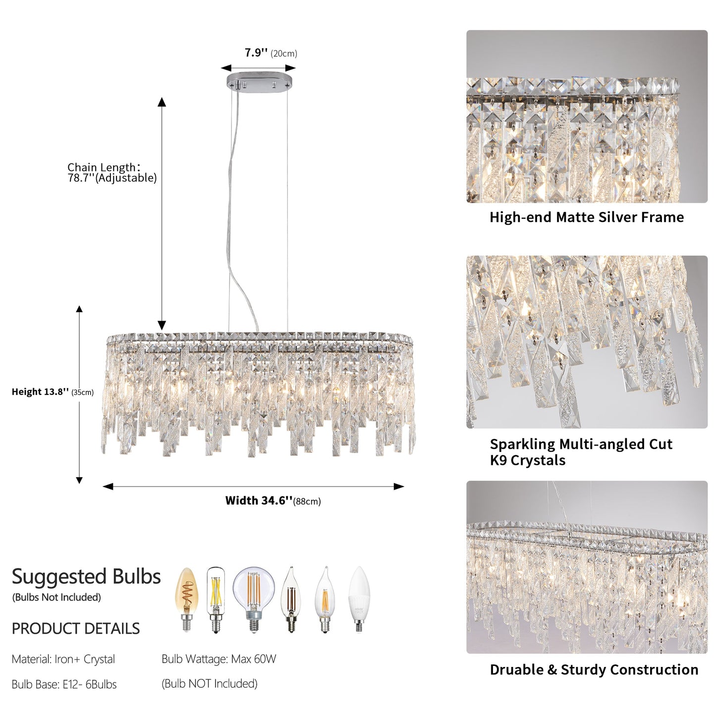 34.6" Oval K9 Crystal Chandelier | 6-Light Silver Modern Ceiling Light with Cascading Teardrop Crystals — Dining Room, Living Room & Bedroom