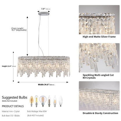 34.6" Oval K9 Crystal Chandelier | 6-Light Silver Modern Ceiling Light with Cascading Teardrop Crystals — Dining Room, Living Room & Bedroom