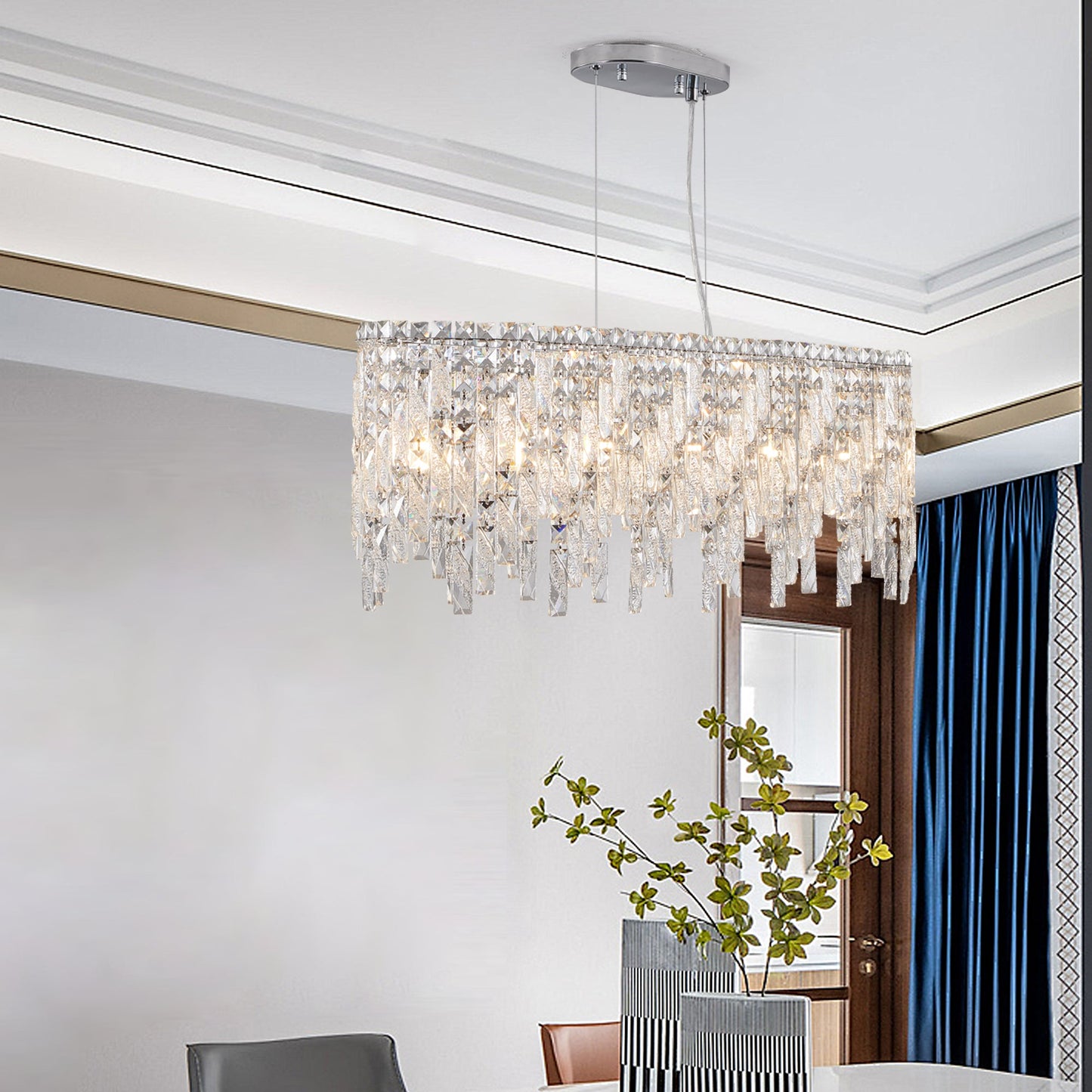 34.6" Oval K9 Crystal Chandelier | 6-Light Silver Modern Ceiling Light with Cascading Teardrop Crystals — Dining Room, Living Room & Bedroom