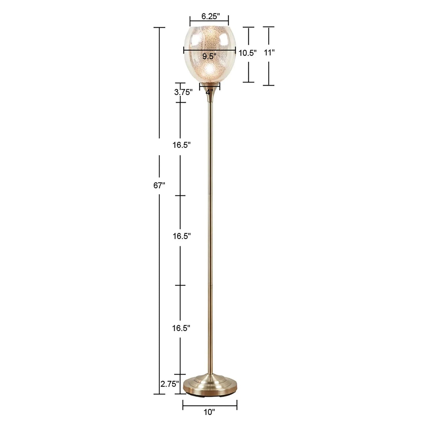 Uplight Floor Lamp – Antique Brass Stand, Mercury Glass Bowl Shade & LED Bulb Included