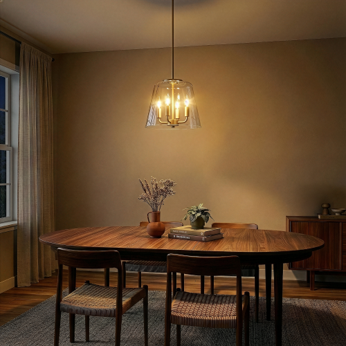 4-Light Candle Pendant Light – Satin Brass Finish & Clear Glass | Elegant Dining Room & Living Room Chandelier