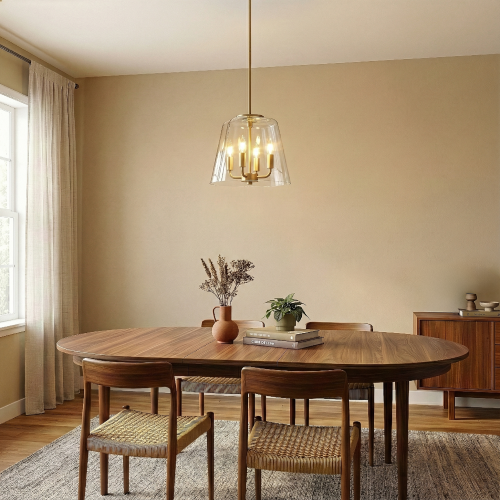 4-Light Candle Pendant Light – Satin Brass Finish & Clear Glass | Elegant Dining Room & Living Room Chandelier