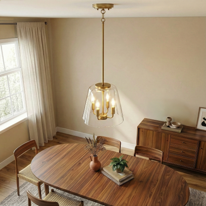 4-Light Candle Pendant Light – Satin Brass Finish & Clear Glass | Elegant Dining Room & Living Room Chandelier