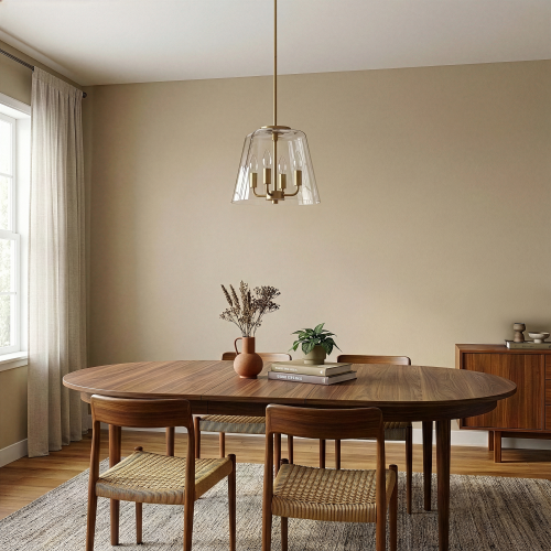 4-Light Candle Pendant Light – Satin Brass Finish & Clear Glass | Elegant Dining Room & Living Room Chandelier