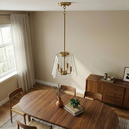 4-Light Candle Pendant Light – Satin Brass Finish & Clear Glass | Elegant Dining Room & Living Room Chandelier