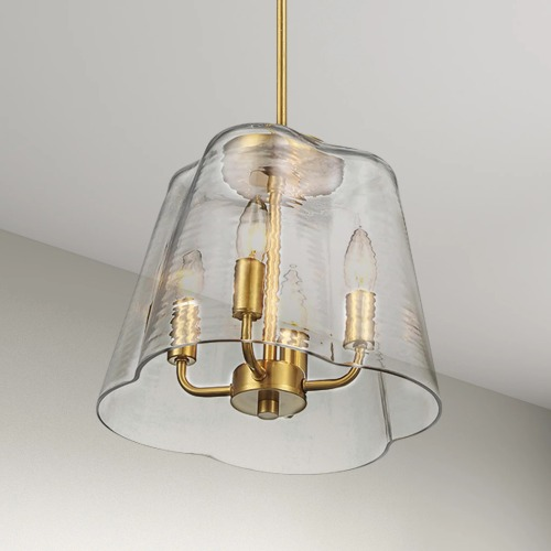 4-Light Candle Pendant Light – Satin Brass Finish & Clear Glass | Elegant Dining Room & Living Room Chandelier