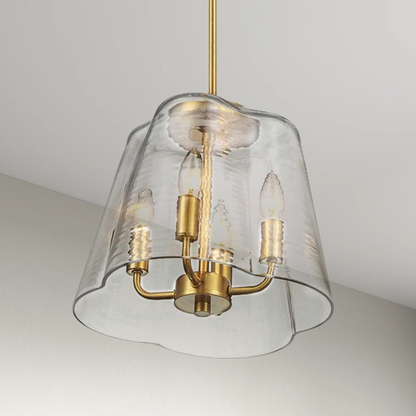 4-Light Candle Pendant Light – Satin Brass Finish & Clear Glass | Elegant Dining Room & Living Room Chandelier