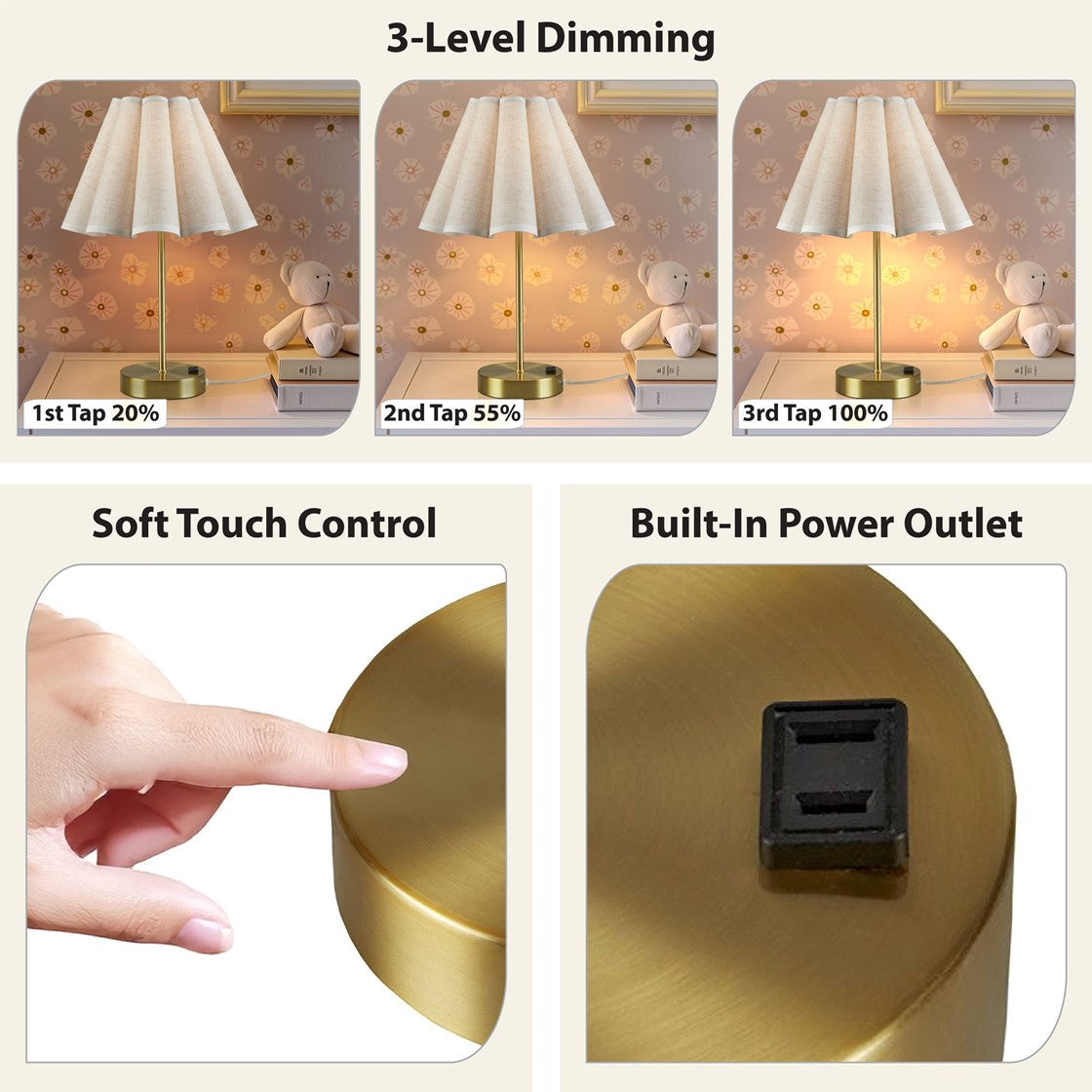 Dimmable Touch Table Lamp – Gold Base, Pleated Tapered Shade & Built-In Power Outlet | Accent Bedside Lamp