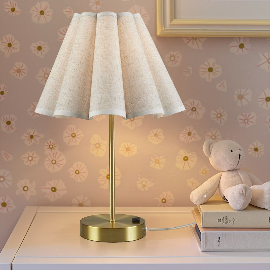 Dimmable Touch Table Lamp – Gold Base, Pleated Tapered Shade & Built-In Power Outlet | Accent Bedside Lamp