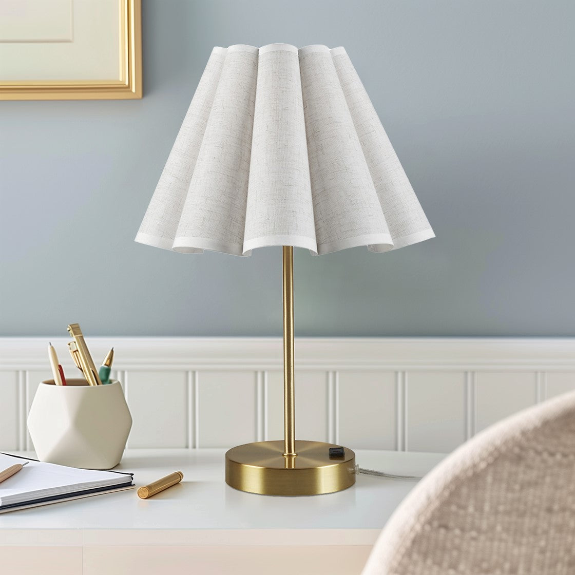 Dimmable Touch Table Lamp – Gold Base, Pleated Tapered Shade & Built-In Power Outlet | Accent Bedside Lamp