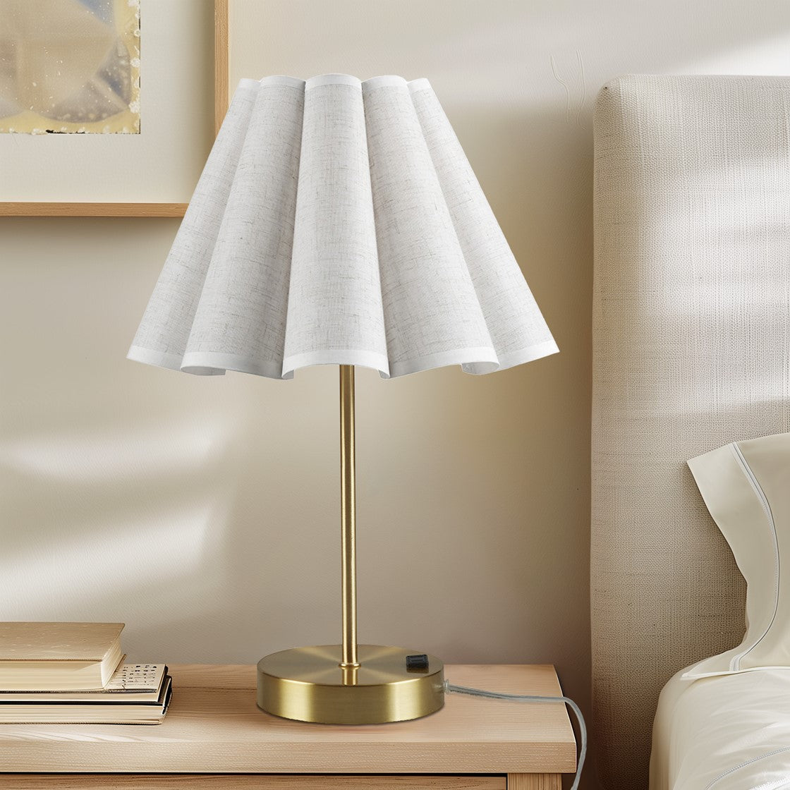Dimmable Touch Table Lamp – Gold Base, Pleated Tapered Shade & Built-In Power Outlet | Accent Bedside Lamp