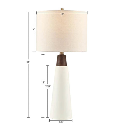 Ceramic & Wood Table Lamp – Two-Tone Conical Base, Cream Drum Shade & LED Bulb Included | Mid-Century Modern